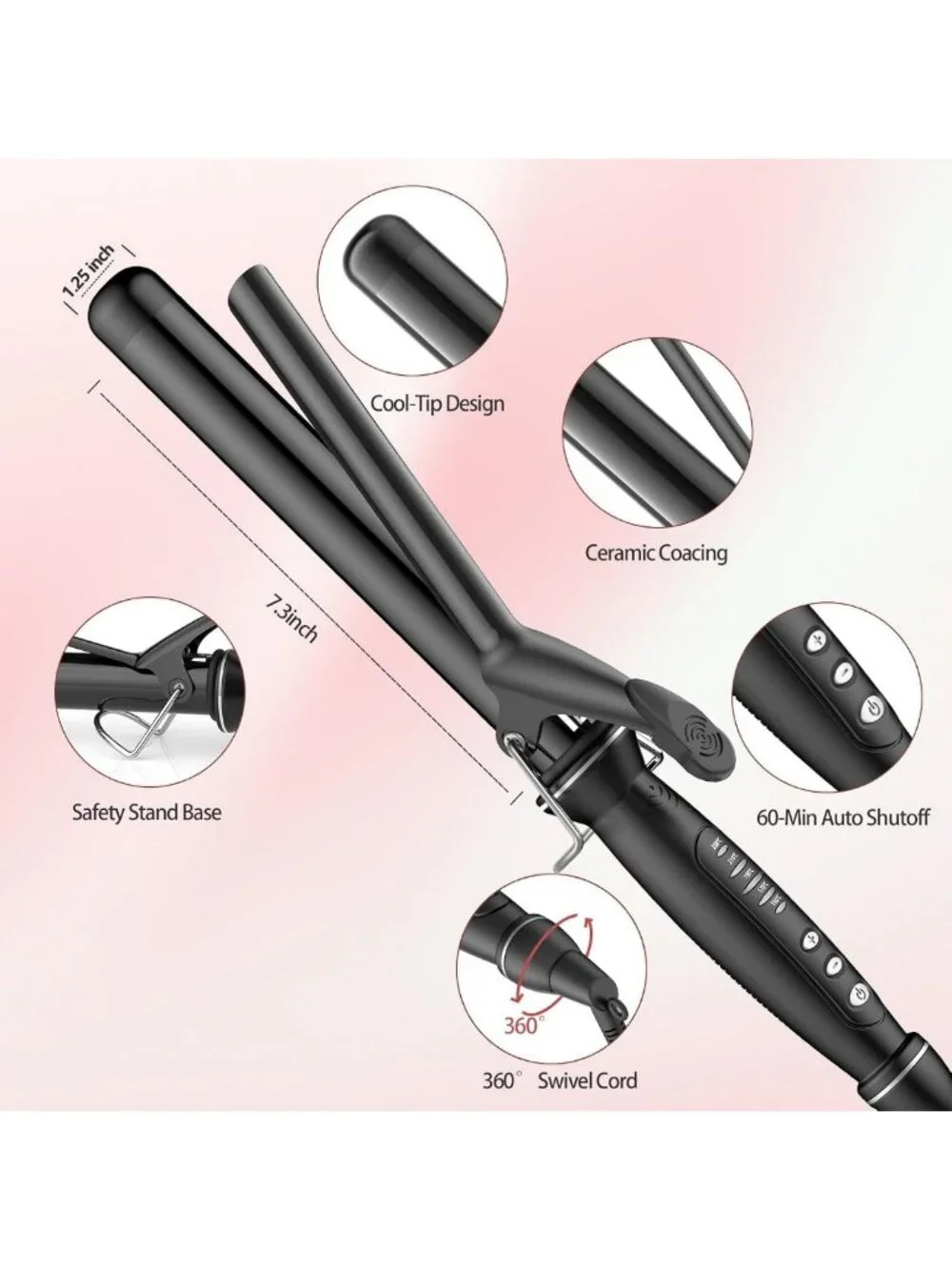 1.25 Inch Tourmaline Ceramic Curling Iron - Extra Long Barrel, Dual Voltage